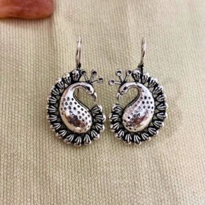 peacock motif oxidised silver earrings