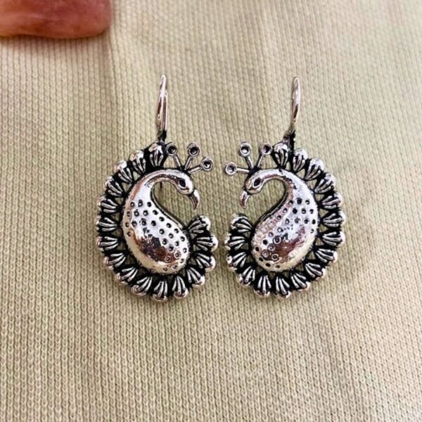 peacock motif oxidised silver earrings