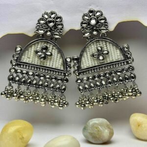 oxidised silver floral jhumka earrings with white beads
