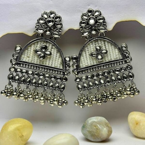 oxidised silver floral jhumka earrings with white beads