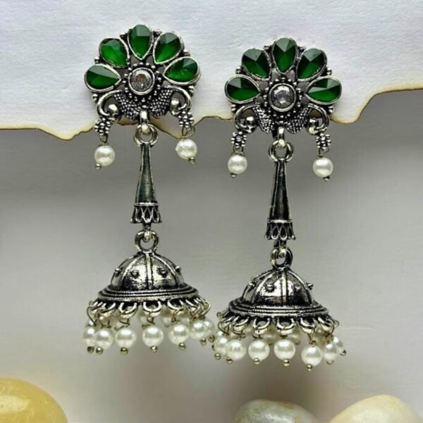 Green Stone Oxidized Jhumkas