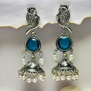 Blue Stone Parrot Oxidized Jhumkas