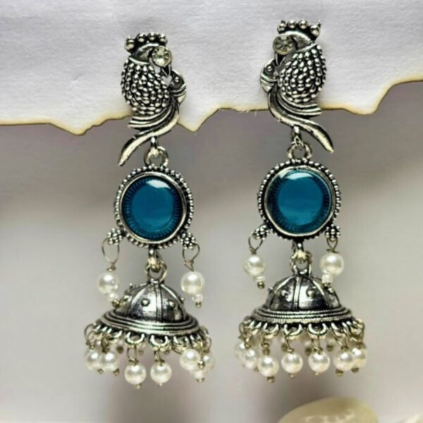 Blue Stone Parrot Oxidized Jhumkas