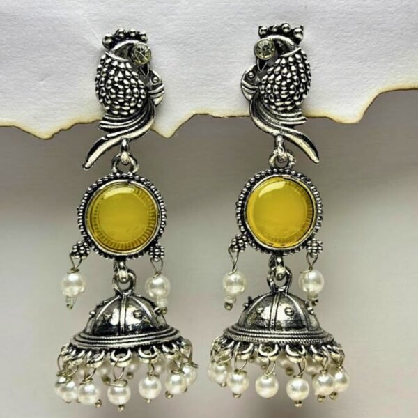 Blue Stone Parrot Oxidized Jhumkas - Image 2