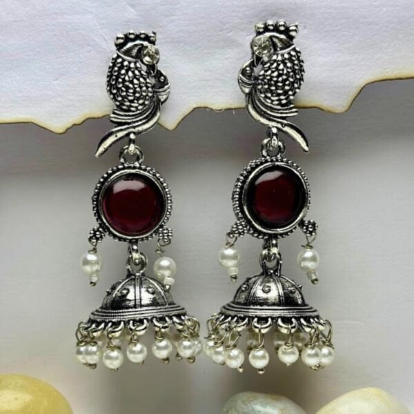 Blue Stone Parrot Oxidized Jhumkas - Image 3