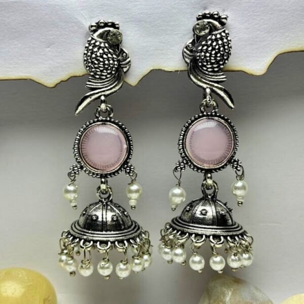 Blue Stone Parrot Oxidized Jhumkas - Image 4