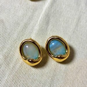 Gold Irregular Oval Opal Stud Earrings
